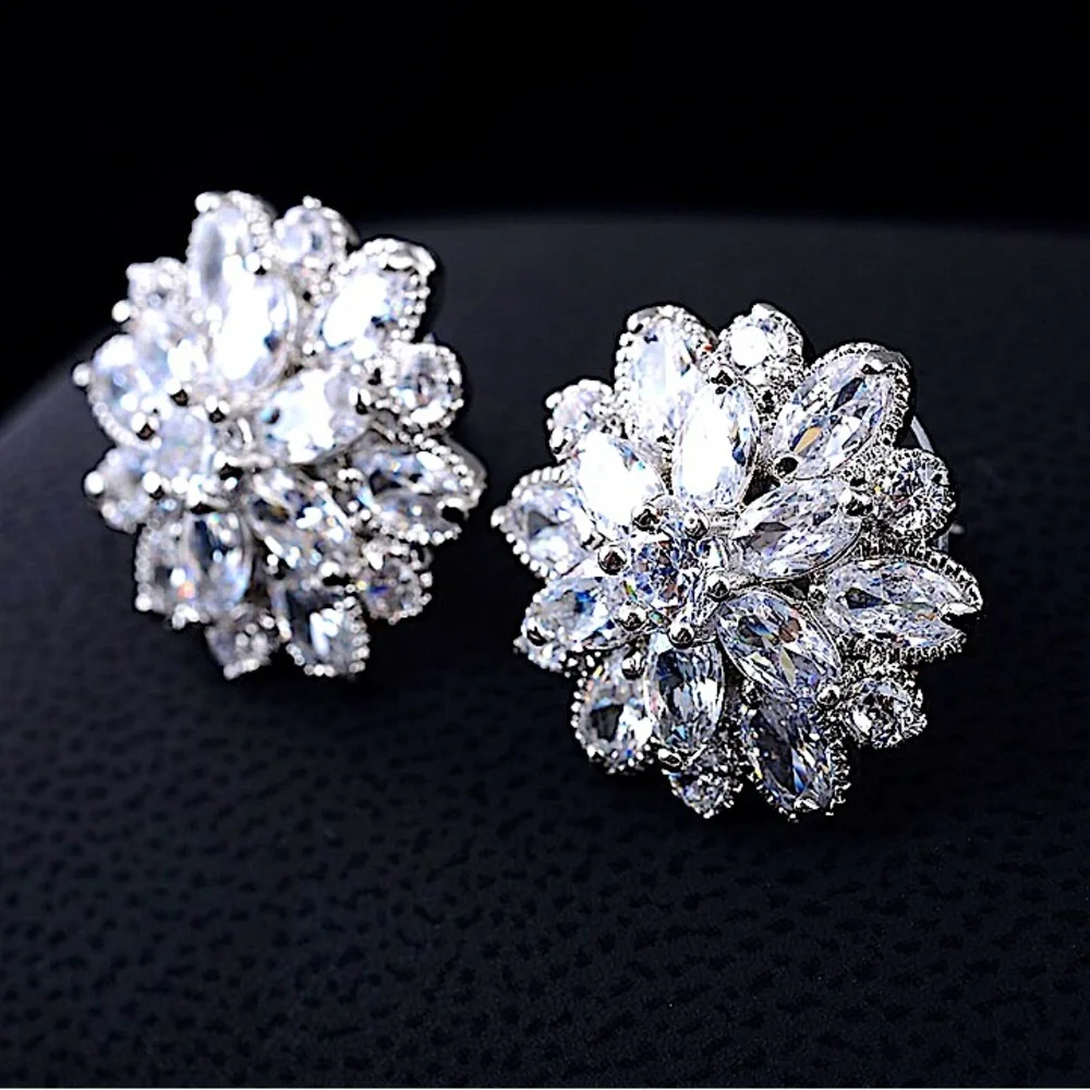 Sterling Silver 5CT Cubic Zircon Flower Snow Crystal Diamond Stud Earrings